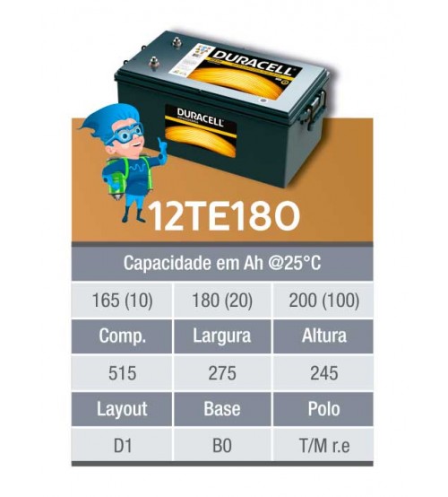 BATERIA ESTACIONARIA DURACELL 12v 180ah C20 / 200Ah C100 - 12TE180