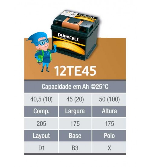 BATERIA ESTACIONARIA DURACELL 12v 45ah C20 / 50ah C100 - 12TE45