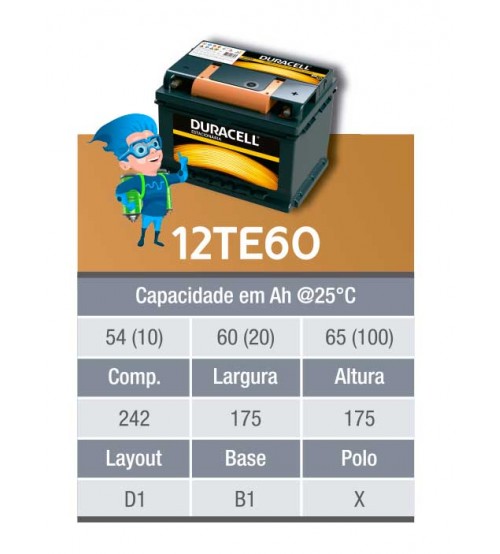 BATERIA ESTACIONARIA DURACELL 12v 60ah C20 / 65ah C100 - 12TE60